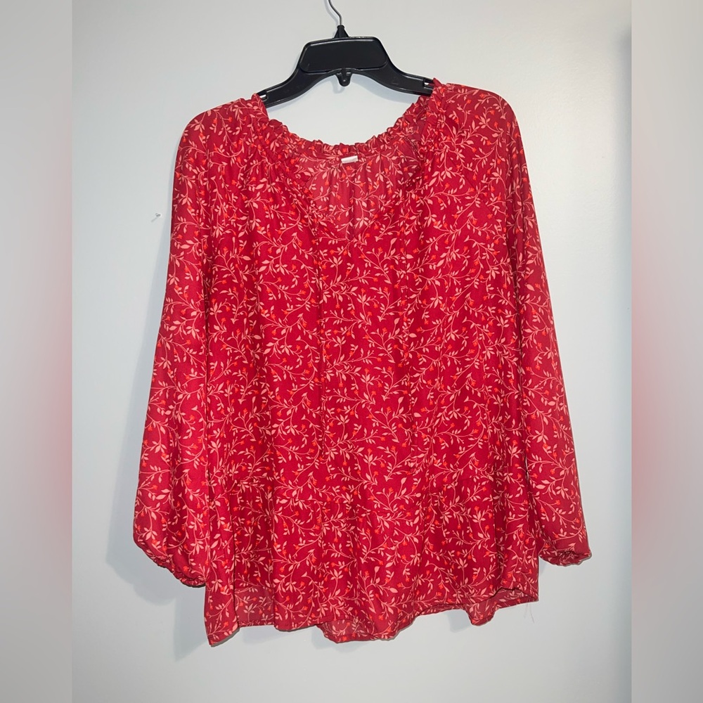 Old Navy Red/Maroon and White Flutter Sleeve Blouse